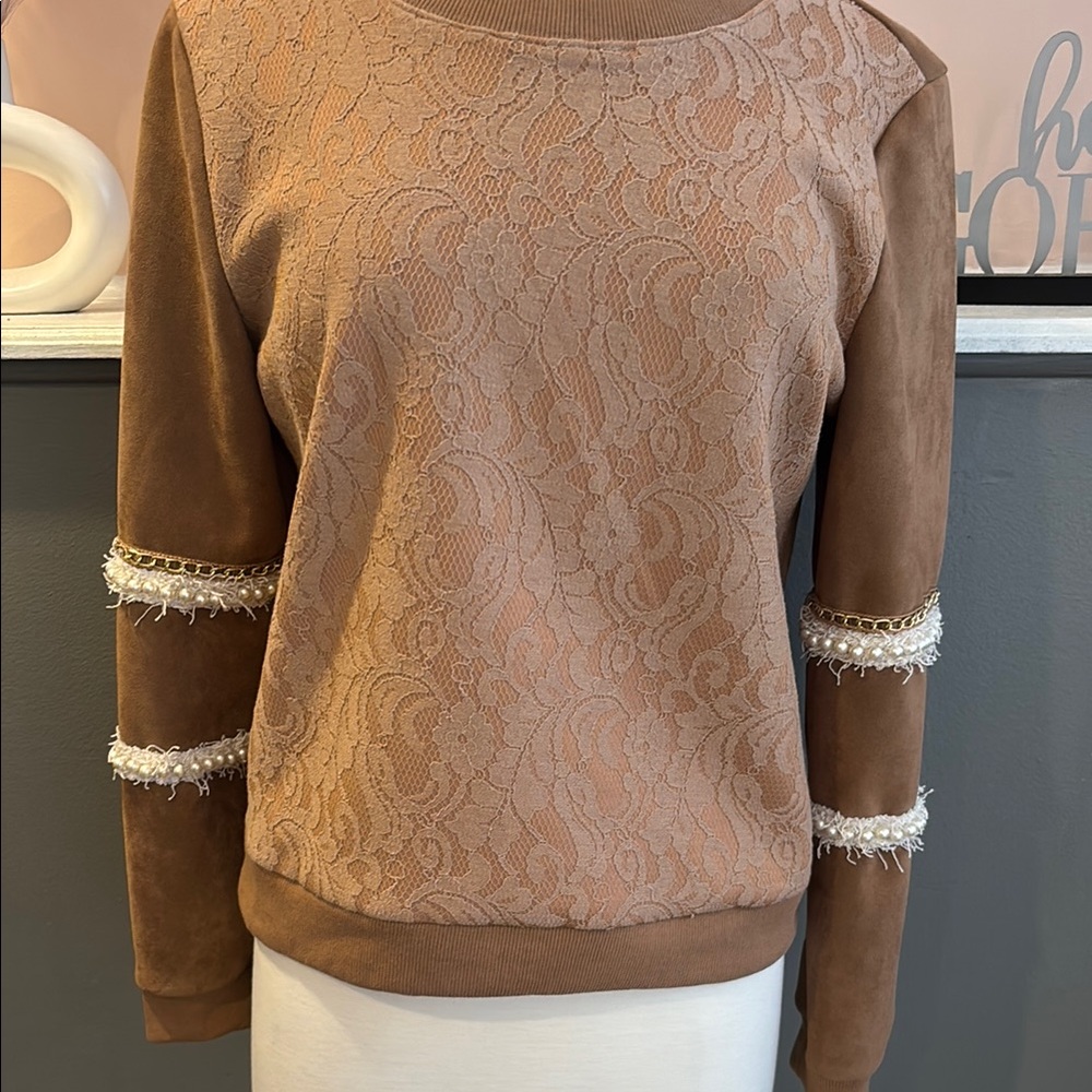 Brown Lace Sweater with Textured Sleeves